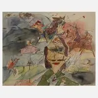 Dagmar Ranft-Schinke, "Jäger und Beute II", Radierung mit Aquarell und Goldbronze überarbeitet