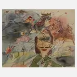Dagmar Ranft-Schinke, "Jäger und Beute II", Radierung mit Aquarell und Goldbronze überarbeitet