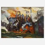 F. Fürster, Industrieansicht, Öl auf Sperrholz