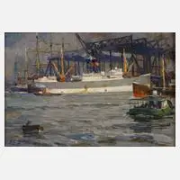 Paul Emil Gabel, Krane im Hamburger Hafen, Öl auf Leinwand