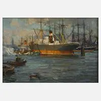 Paul Emil Gabel, Schiffe im Hamburger Hafen, Öl auf Leinwand