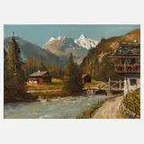 Wilhelm Kaufmann, Alpenlandschaft mit Bach, Öl auf Hartfaserplatte