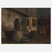 F. Krille, Magd vorm Bauernhof, 1917, Öl auf Leinwand