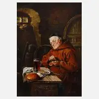 E. Lutz, Mönch im Weinkeller, Öl auf Sperrholzplatte