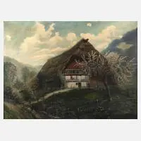 T. Miltz, Schwarzwaldhaus im Frühling, Öl auf Leinwand