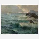Otto Robert Nowak, Seestück mit Dampfer, 1911, Öl auf Holzplatte