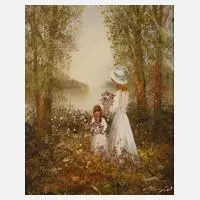 Madjid Rahnavard, Blumenmädchen am See, Öl auf Leinwand