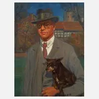 Willibald Hamburger, Herrenportrait mit Hund, Öl auf Karton