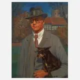 Willibald Hamburger, Herrenportrait mit Hund, Öl auf Karton