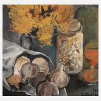 Josef Richter, Stillleben mit Knoblauch, Öl auf Leinwand auf Faserplatte