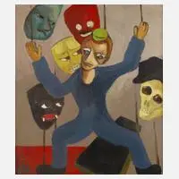 Gerhard Schöpplein, Marionette mit Masken, Öl auf Sperrholz
