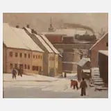 Alfred Tröger, Schneeballschlacht, Öl auf Hartfaserplatte