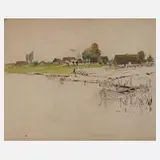 Alfred Tröger, Hütten am Seeufer, Tuschefeder und Aquarell