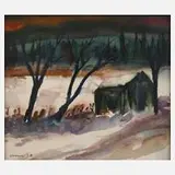 Albert Hennig, Winterabend, Aquarell über sparsamer Graphitvorzeichnung