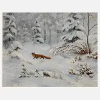 W. Kiessling, Fuchs im Winterwald, Öl auf Sperrholzplatte