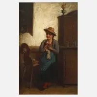 Josef Büche, Strickendes Mädchen, Öl auf Leinwand