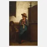 Josef Büche, Strickendes Mädchen, Öl auf Leinwand