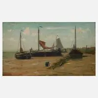 Leon Valckenaere, Segelboote am Strand, Öl auf Leinwand auf Karton