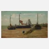 Leon Valckenaere, Segelboote am Strand, Öl auf Leinwand auf Karton