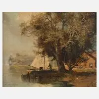 Ludwig Gschosmann, Seeuferszene, Öl auf Leinwand und Hartfaserplatte