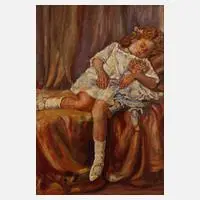 O. Leuschner, Schlummerndes Mädchen mit Puppe, Öl auf Leinwand