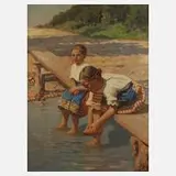 Janos Szöllösy, Mädchen am Fluss, Öl auf Leinwand