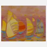 Vincent Weber, Segelboote im Abendrot, Öl auf Spanplatte