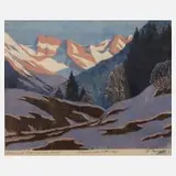 Elfriede Jungk, "Schneeschmelze in Oberstdorf", Farbholzschnitt auf Japanpapier