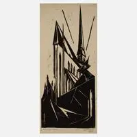 St. Petrikirche in Rostock by Alfred Rietdorf, 1930, Holzschnitt, sold Feb 2023