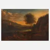 Bergige Flusslandschaft by Johann Christian Vollerdt, Öl auf Leinwand, sold Feb 2023