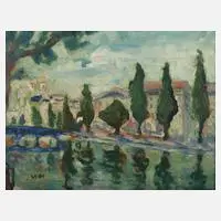 Walter Bodenthal, Stadt am Fluss, Öl auf Pappe