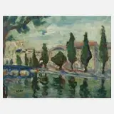 Walter Bodenthal, Stadt am Fluss, Öl auf Pappe