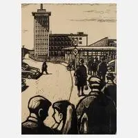 Johannes Hegner, "Schichtwechsel", 1966, Linolschnitt