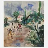 Albert Hennig, "Kindergartenausflug", Tuschefeder und Aquarell
