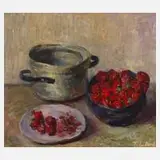 Tatjana Lietz, Stillleben mit Erdbeeren, 1994, Öl auf Faserplatte