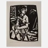 Josef Richter, "Mädchen mit Plattenspieler", 1967, Holzschnitt