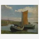 Alfred Tröger, Boote am Ufer, Öl auf Sperrholz