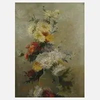 Hendrik Spilman, Blumenstillleben, Federchrysanthemen in heller Vase vor graublauem Grund