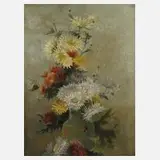 Hendrik Spilman, Blumenstillleben, Federchrysanthemen in heller Vase vor graublauem Grund