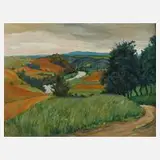 Reinhold Geidel, Sommerliche Flusslandschaft, Öl auf Karton