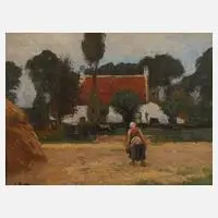 Eugen Kampf, Gehöft mit Bäuerin, Öl auf Sperrholz