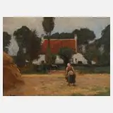 Eugen Kampf, Gehöft mit Bäuerin, Öl auf Sperrholz