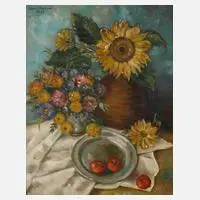 Hanns Kirchner, Stillleben mit Blumen und Tomaten, 1947, Öl auf Hartfaserplatte