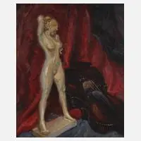 Eugen Krüger, Stillleben mit Porzellanfigur und Geige, Öl auf Leinwand