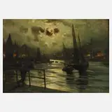 Georges P. Maroniez, Abends im Hafen, Öl auf Leinwand