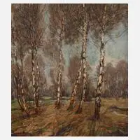 F. Omann, Im Birkenwald, Öl auf Sperrholz