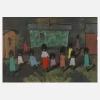 Arrigo Wittler, Kinder und Wohnwagen, Tempera auf Papier und auf Hartfaserplatte kaschiert