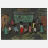 Arrigo Wittler, Kinder und Wohnwagen, Tempera auf Papier und auf Hartfaserplatte kaschiert