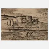 L. von Gleichen-Rußwurm, Landschaft mit Bäuerinnen, Radierung mit schönem Plattenton