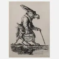 Prof. A. Paul Weber, Der Fuchs und der Esel, Lithographie über Tonplatte